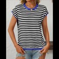 thumbnail image 4 of Camisetas de Mujer Elegantes, Informales, de Corta, con Bloques de Color, A Rayas y Cuello Redondo, Color Azul S, 4 of 8