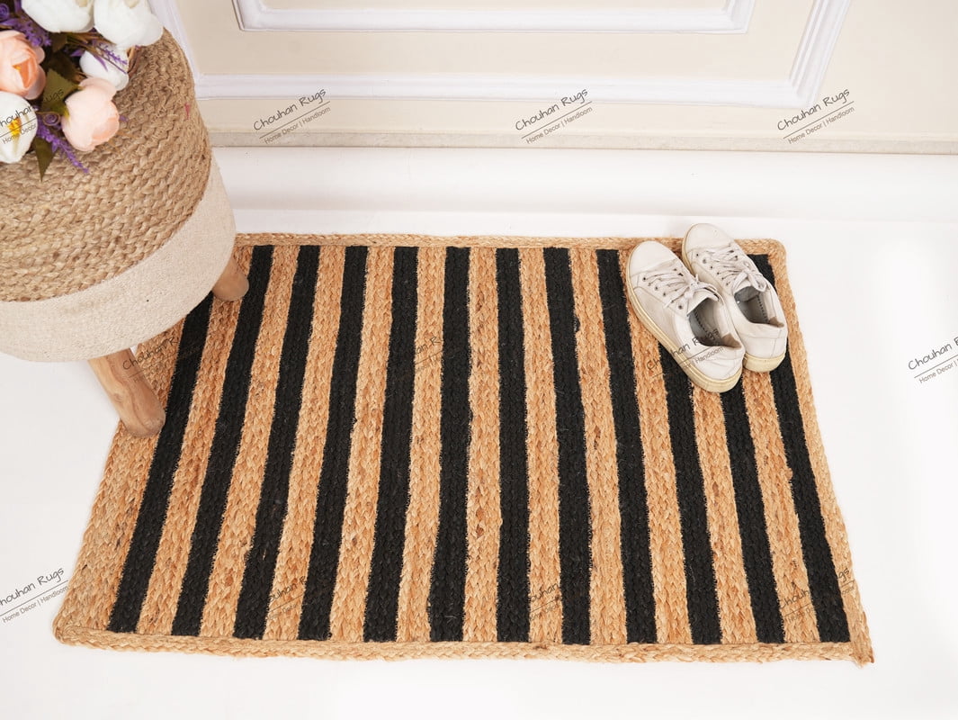 Rectangle Rug Natural Jute Rug Hand Braided Beige And Black Color Area Rug