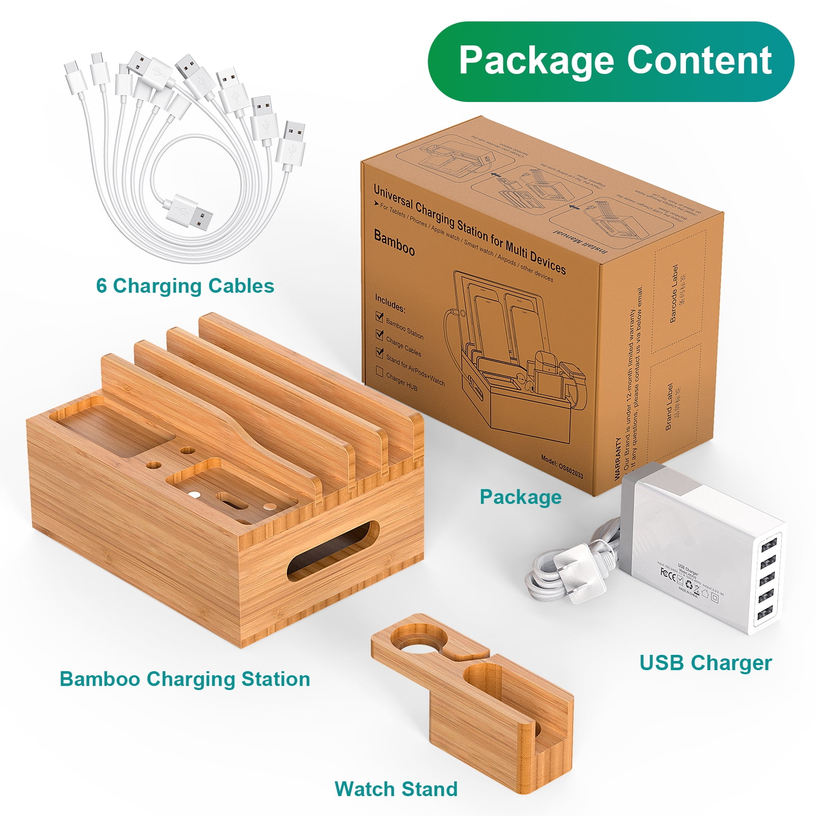Bamboo Charging Station Dock for 4/5 / 6 Ports USB Charger with 5 Charging  Cables Included, Desktop Docking Station Organizer for Cellphone,Smart