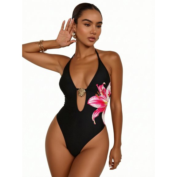 Hind Women's One Piece Swimsuit, Plunging Halter Monokini with Front Cutout and Floral Print, Black