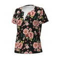 thumbnail image 2 of Goofa Rose Flowers Pattern Womens Deep V Neck Low Cut Tops Casual Summer Short Sleeve Ribbed Knit T-Shirts-Small, 2 of 5