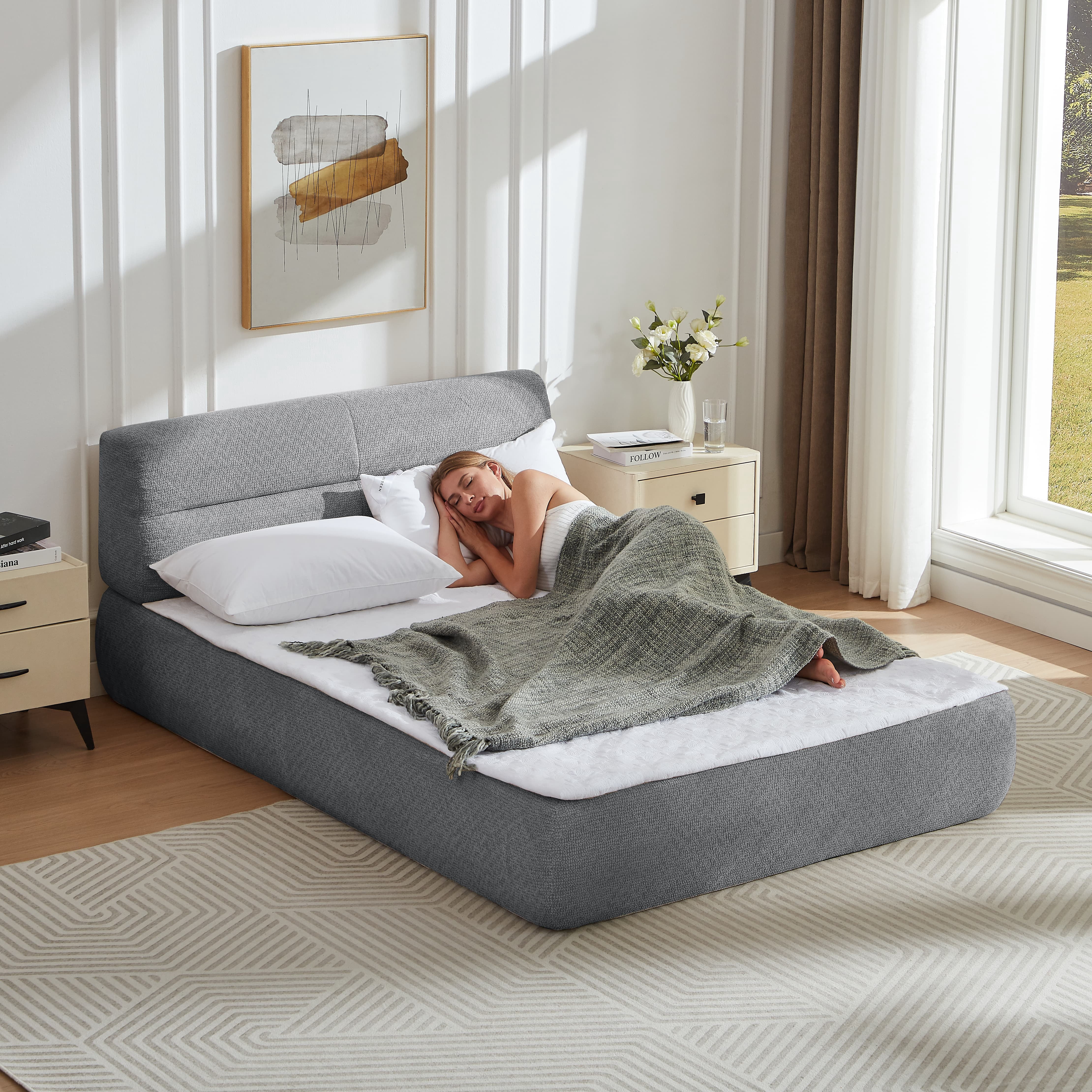 MAYEERTY Modern Chenille Sofa Bed with Compressible Spring Cushion for Bedroom & Apartment, 87×57"Grey