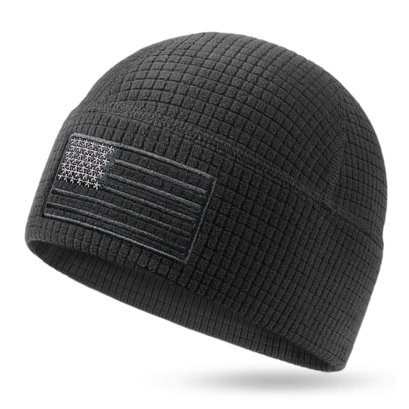 Tactical Grid Fleece Beanie with American Flag Embroidery, Warm Stretch Skull Cap, Lightweight Watch Cap for Men Women, Winter Outdoor Hat