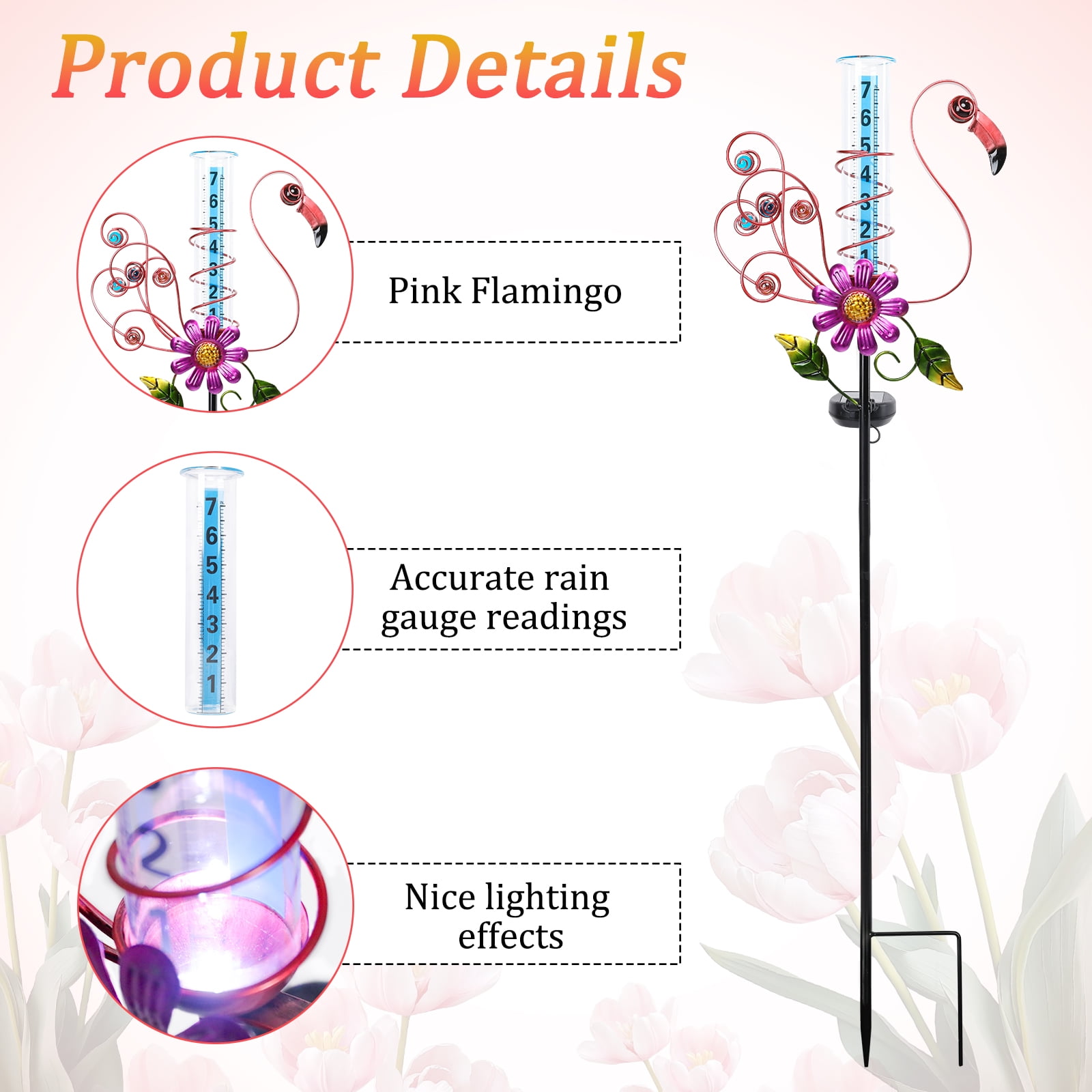 Solar Rain Gauge Waterproof Flamingo Rain Gauge With LED Light For Patio, Path And Garden Decoration, Outdoor Decoration