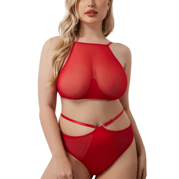 MAWCLOS Ladies Lingerie Set 2 Pieces Bra And Panty Sets Plus Size Underwear  Transparent Gift Babydoll Sleepwear Red 1XL