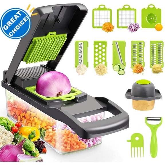 Vegetable Chopper, CofeLife 12 in 1 Multi-Functional Onion Chopper, Veggie Chopper Stainless Steel Blades, Vegetable Slicer Container, Mandoline Slicer, Dicer, Cutter Ideal for Fruits/Salads