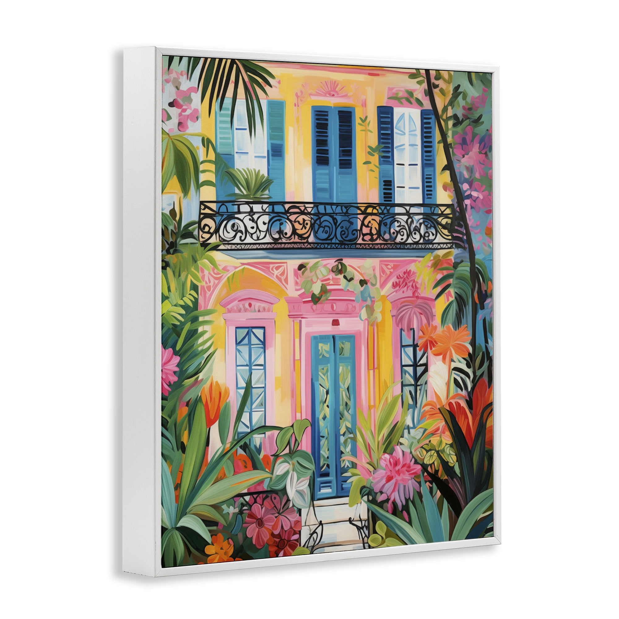 Stupell Industries Colorful Facade with Tropical Garden White Framed Giclee Art, design by LSR Design Studio