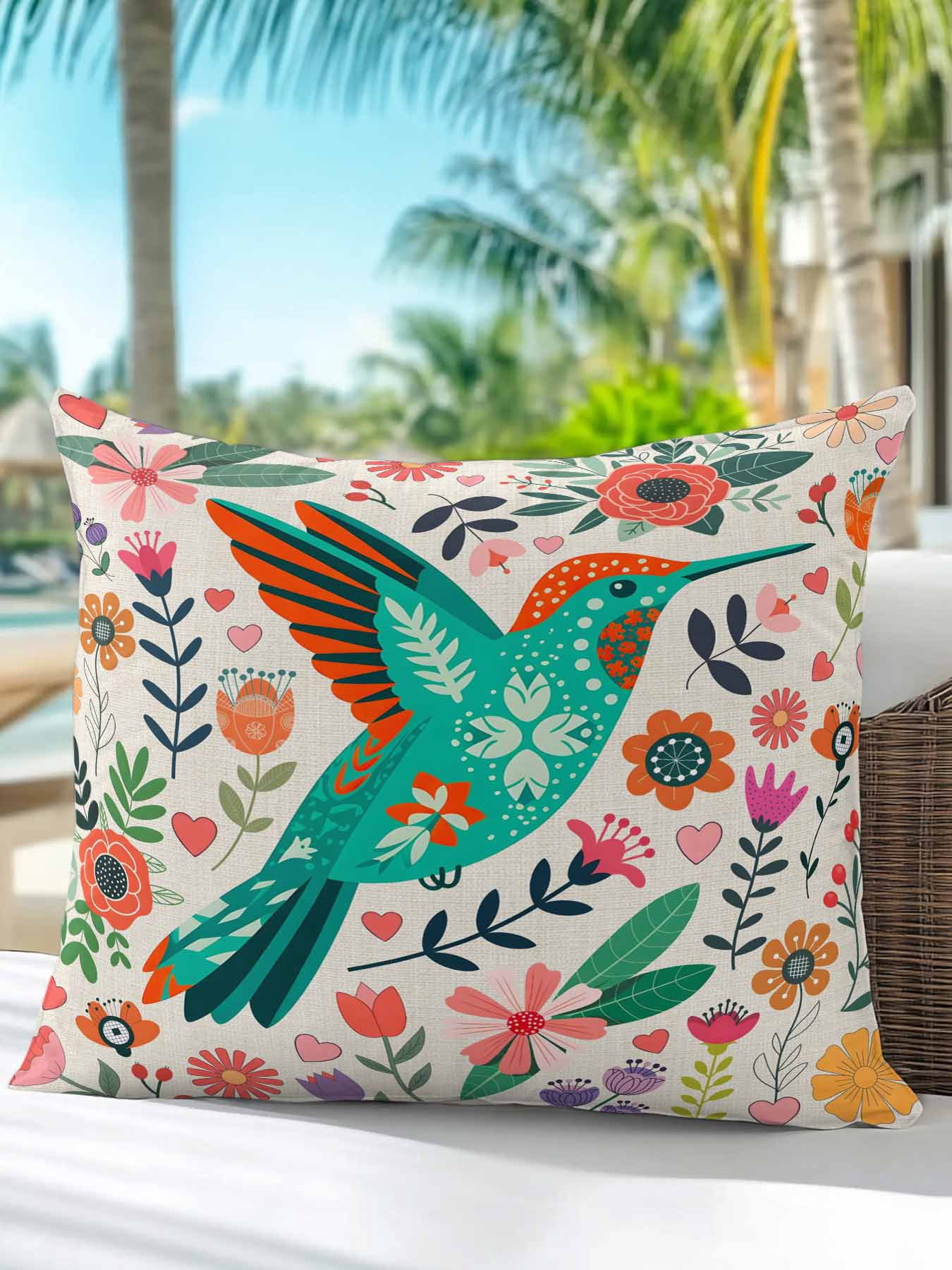 1 Pack Outdoor Pillows Waterproof, Turquoise Birds Indoor/Outdoor Throw Pillows with Inserts, Country Cartoon Colorful Flowers Herbs Decorative Pillow for Patio Furniture Chairs Couch