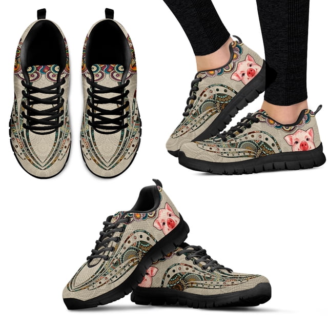 Zapatillas casuales con diseño de cerdo de dibujos animados bohemios de color marrón claro, zapatillas blancas con cordones y suela suave, zapatos con estampado animal