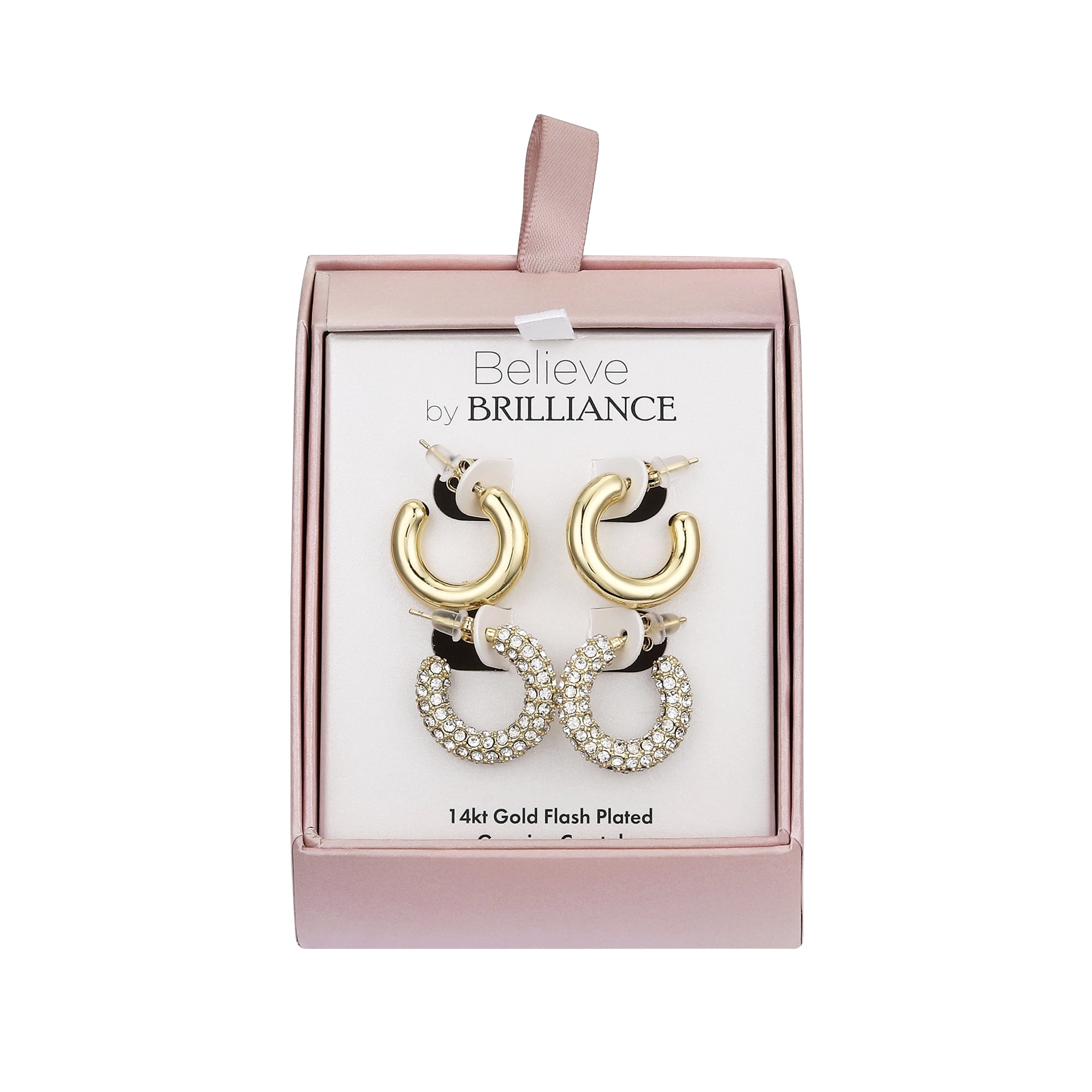 Believe by Brilliance Women's 14Kt Gold Flash Plated Crystal and Plain Chunky Post Hoop Earring Set