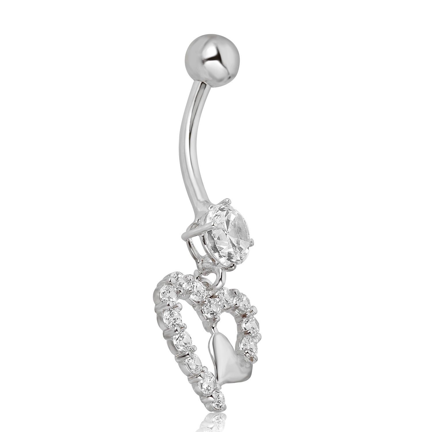 AVORA 10K White Gold Simulated Diamond CZ Dangling Double Heart Belly Button Ring Body Jewelry (14 Gauge)