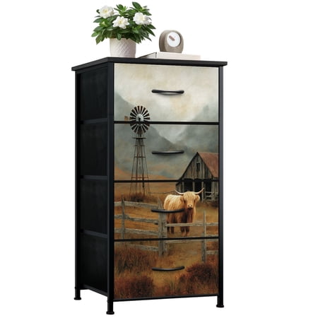 Rustic Farmhouse Dresser for Bedroom with 4 Storage Drawers Golden Hour Countryside Textured Wood Dressers Chest of Drawers Steel Framed Fabric Closet Organizers for Dorm Entryway