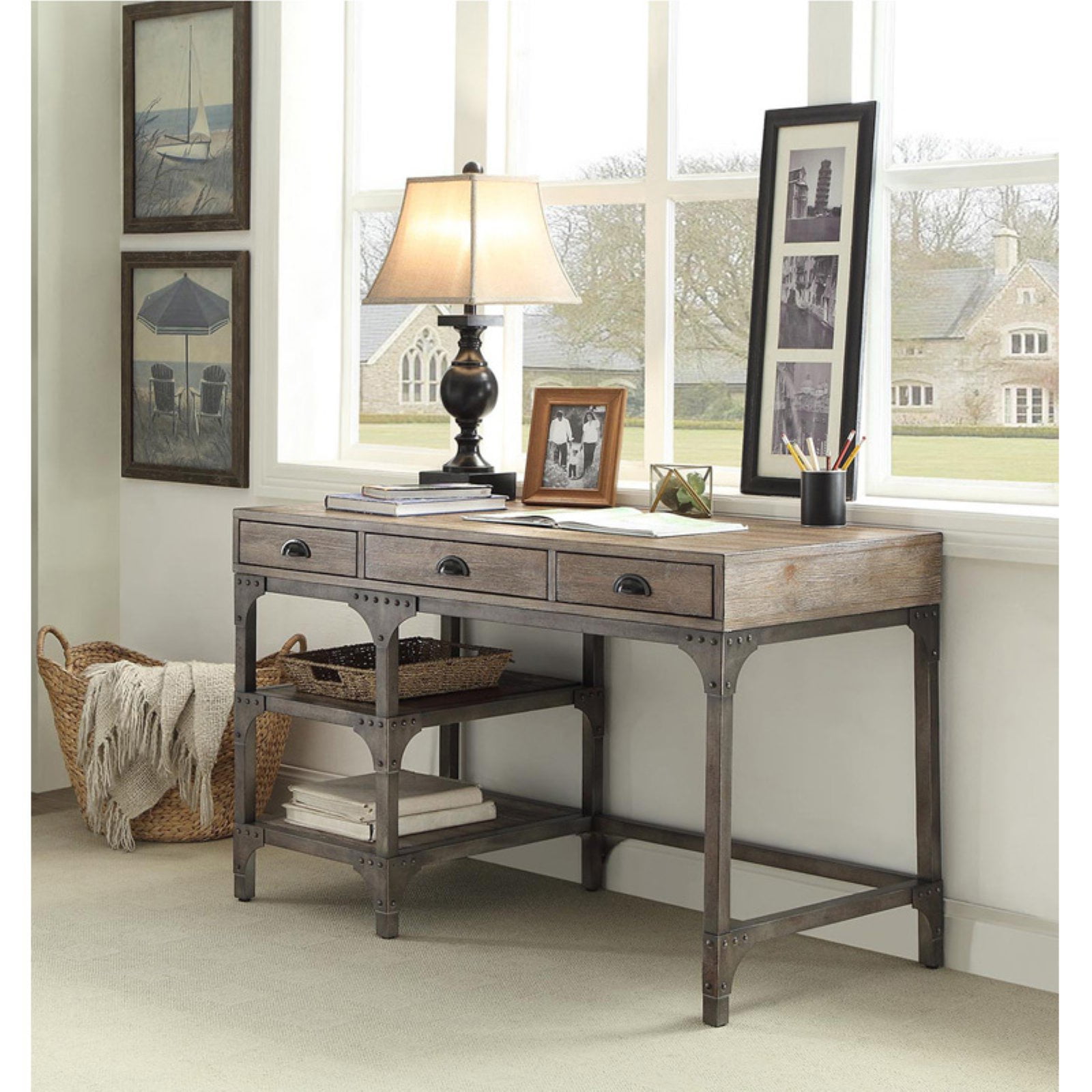 Acme Gorden Desk, Weathered Oak and Antique Silver
