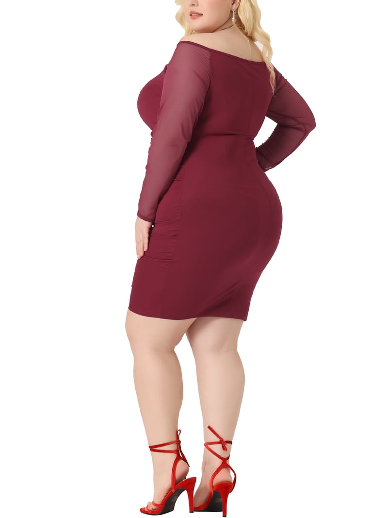 Agnes Orinda Plus Size Bodycon Dress for Women's Off Shoulder Mesh 3/4 Sleeve Stretchy Ruched Pencil Mini Dress 4X Burgundy Agnes Orinda Plus Size Bodycon Dress for Women's Off Shoulder Mesh 3/4 Sleeve Stretchy Ruched Pencil Mini Dress 4X Burgundy