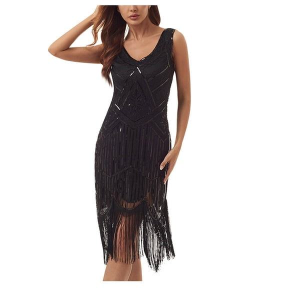 LEAVINGSUO Sleeveless Dresses for Women 2024 Women's Spring and Summer Round Neck Sleeveless Sequin Ball Tassel Dress Party Banquet Dance Dress Mini Dress
