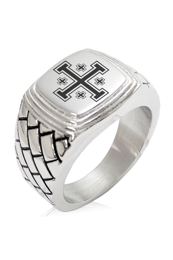 Stainless Steel Jerusalem Cross Geometric Pattern Step-Down Biker Style Polished Ring