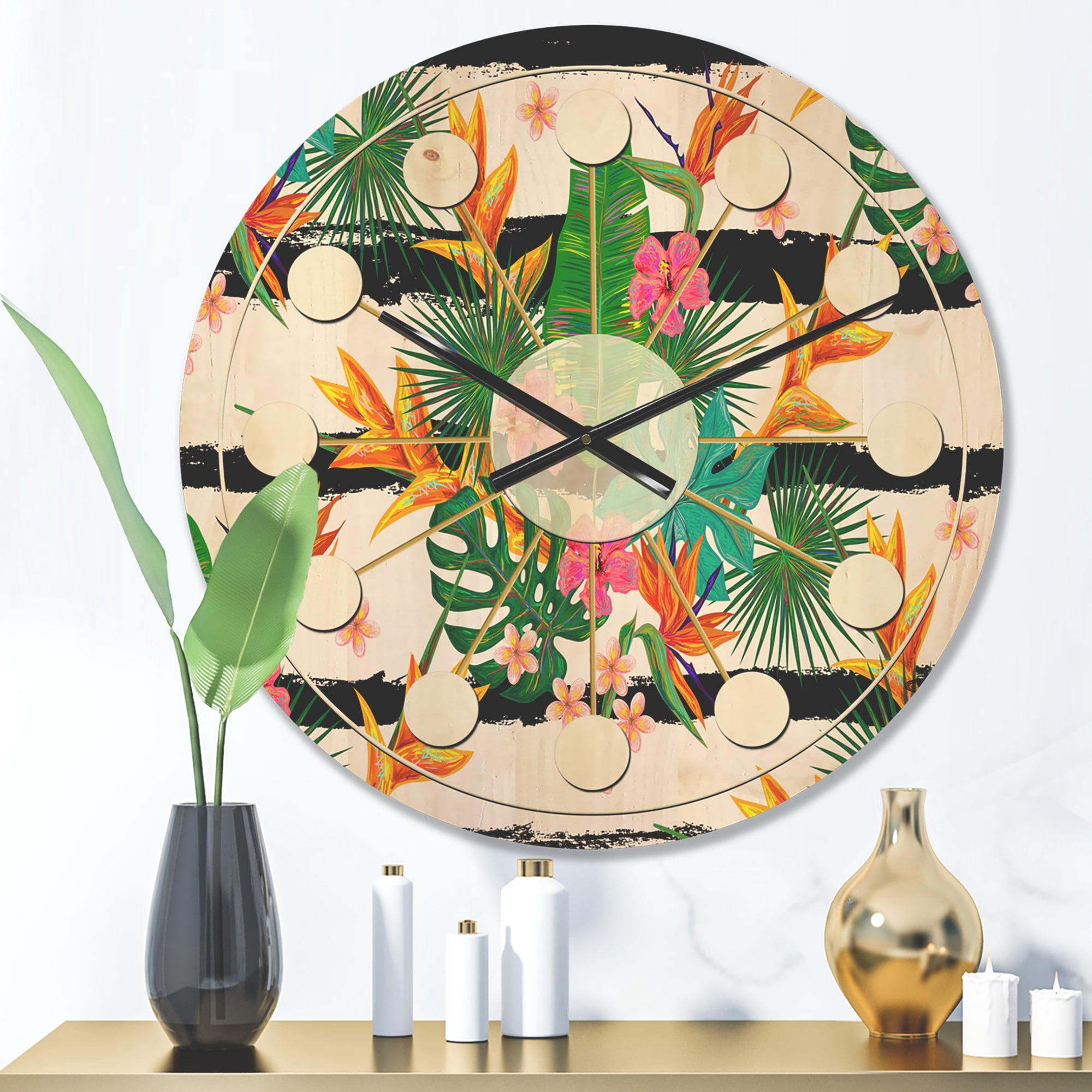 Designart 'Tropical Leaves Retro Pattern II' Mid-Century Modern Wood Wall Clock
