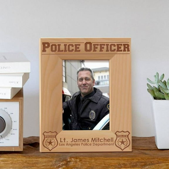 Police Officer Personalized Wooden Picture Frame 3 1/2" x 5" Brown (Vertical)