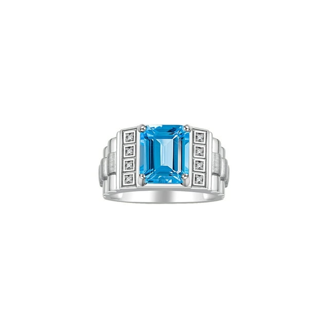 RYLOS Men's Rings Sterling Silver Designer Style 10X8MM Emerald Cut Shape Gemstone & Diamonds Blue Topaz December Birthstone Rings For Men Size 11