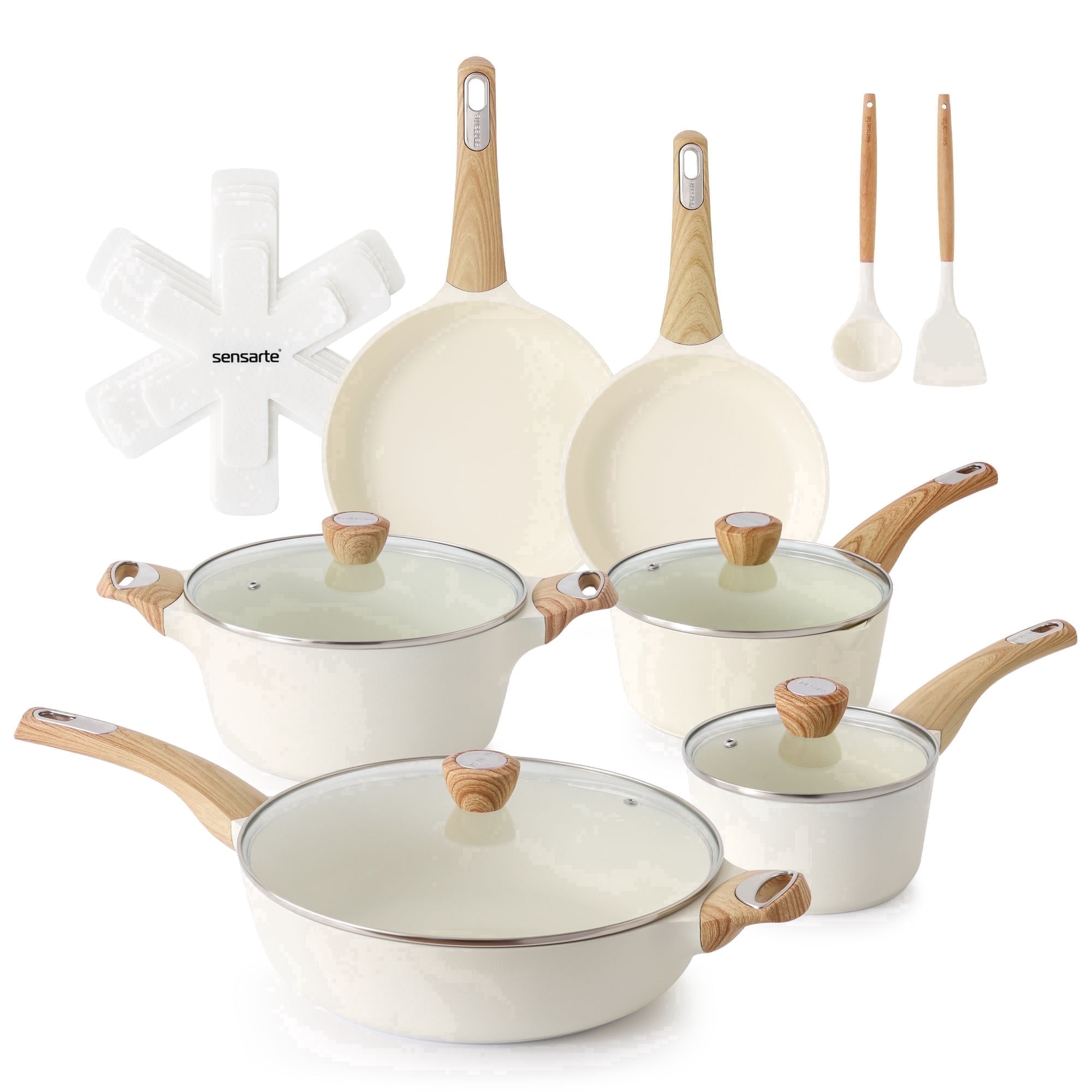 SENSARTE Nonstick Ceramic Cookware Set, 19Pcs Non Stick Pots and Pans Set, Healthy Kitchen Cooking Set with Pots Protectors, Induction Compatible White