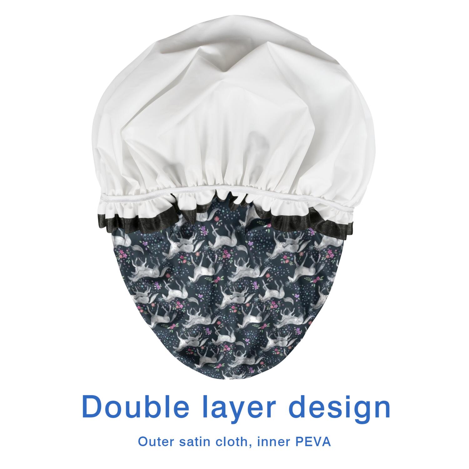 Shower Caps,Dark Blue Cartoon Horse Flower Pattern Waterproof Shower Cap for Women 4 Pieces,Double Reusable Hair Cover for Shower PEVA Elastic Stretch Hem
