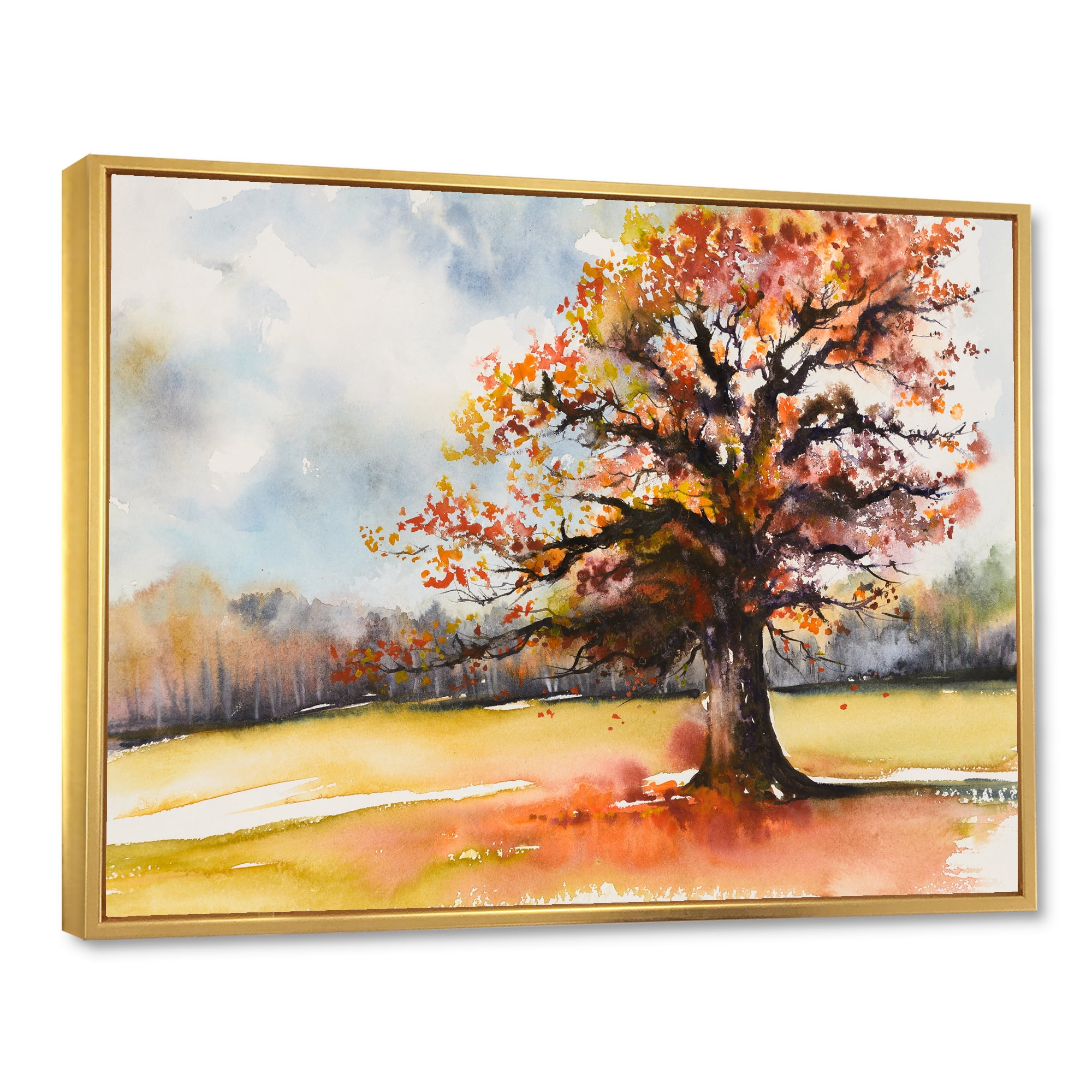 Designart 'Lone Oak Tree In The Fields With Autum Leaves' Traditional Framed Canvas Wall Art Print