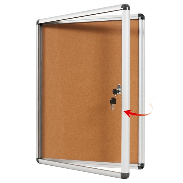 SWANCROWN Enclosed Cork Bulletin Board with Lock 26"x 20",Silver