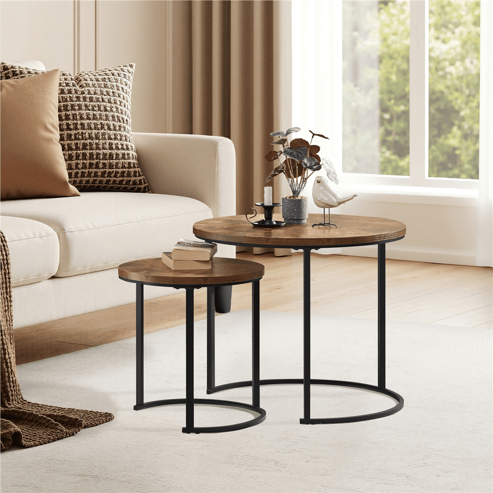 Alden Design Nesting Coffee Table Set with Round Wooden Tabletop for Living Room, Rustic Brown