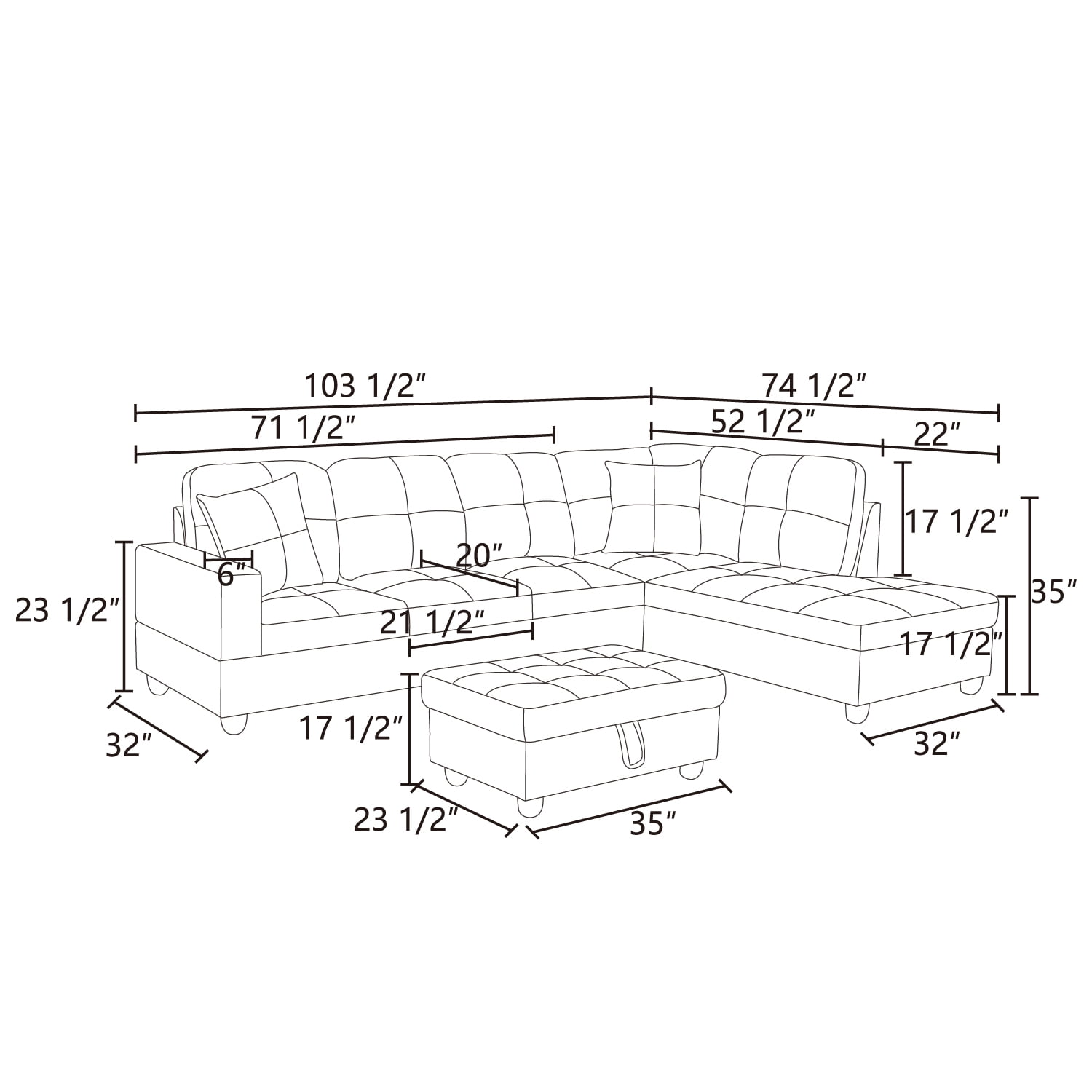 Hommoo Flannel Sectional Sofa, 4 Seat Living Room Furniture Sets, Modern L-Shaped Couches and Sofas Set for Home, Black(No Ottomans)