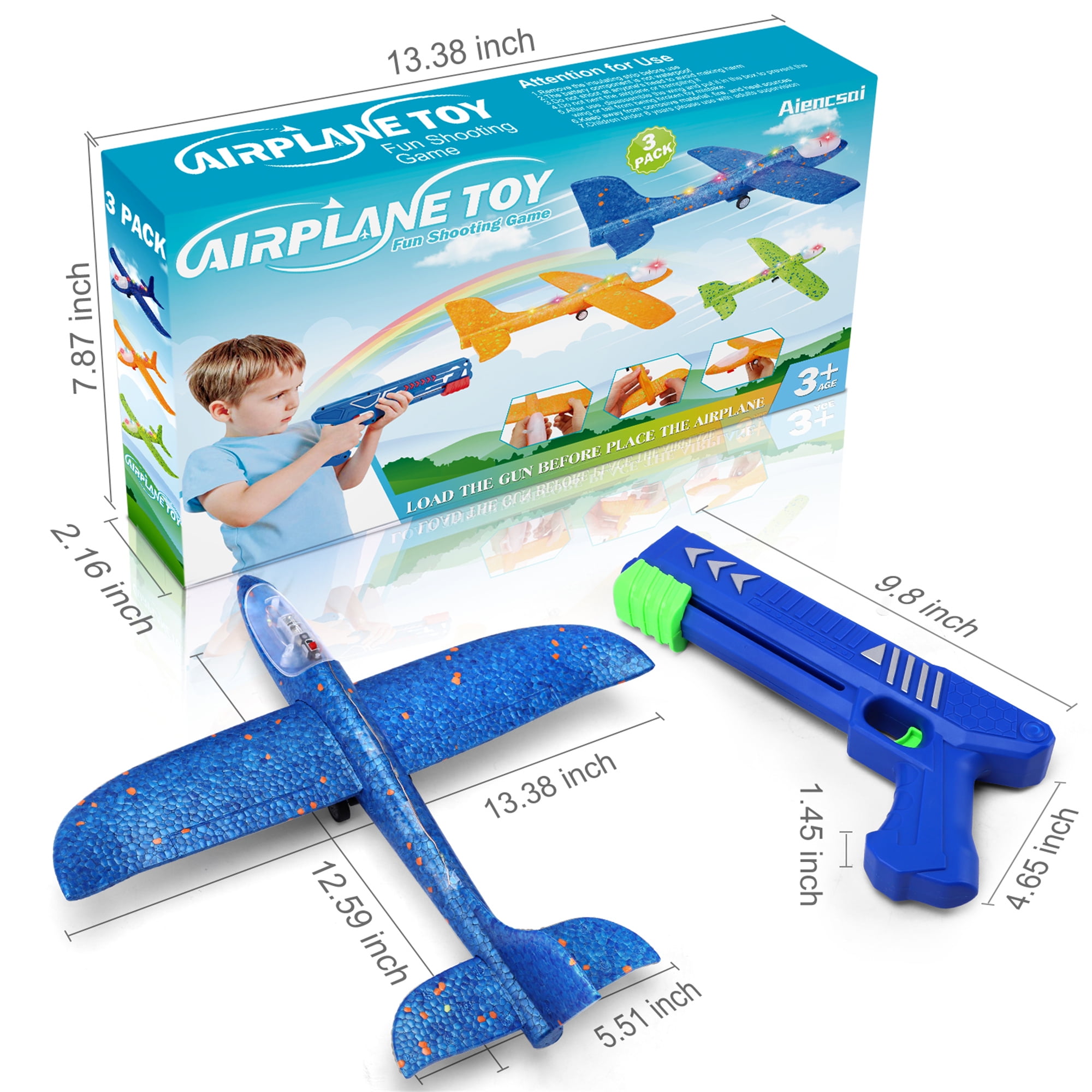Growsly 3 Pack Catapult Airplane Foam Glider Outdoor Toy for 4-12 Years Old Kids, Red Orange Blue