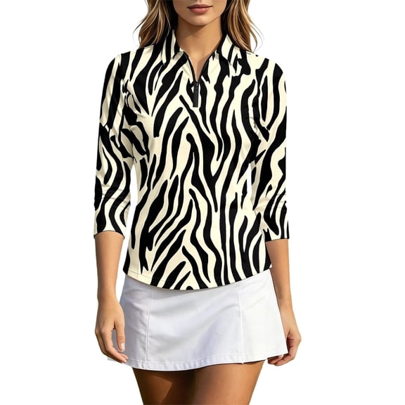 HCYSFG Womens Zip Neck Polo Shirt Zebra Print Three 3/4 Point Collar Golf Blouse Curved Hem Fitted Casual Sports Top