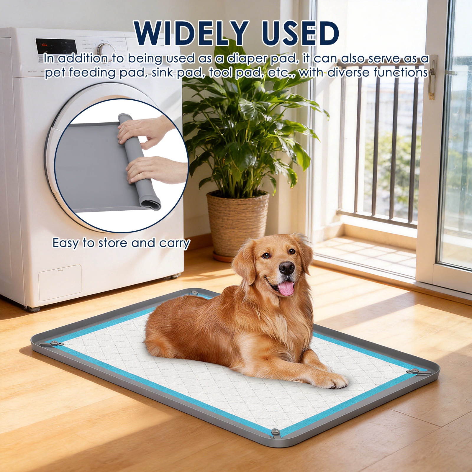 Pee Pad Tray Holder for Dogs - Fits Up to 36.3x25.28 in. Square Potty Training Pads No Spill Raised Lip High Edge Silicone Mat, Extra Thick and Non-Slip for Indoor Floor Protection (L, Grey)