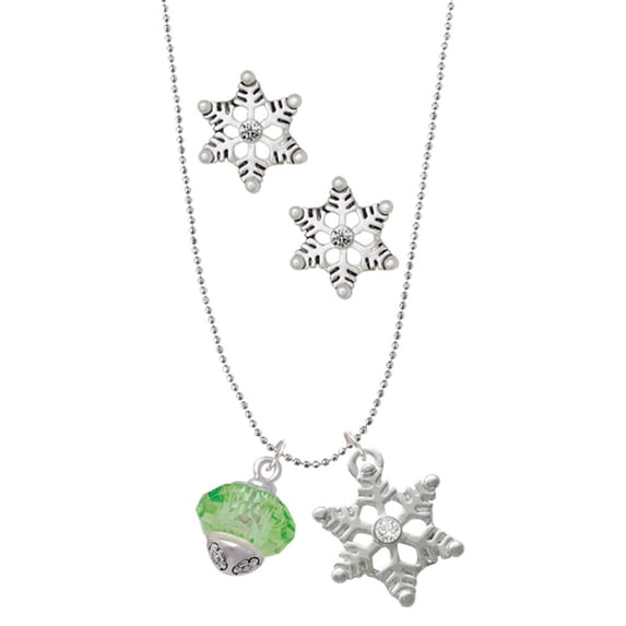 Delight Jewelry Lime Green Faceted Glass Spinner Silver tone Snowflake Charm Necklace and Stud Earrings