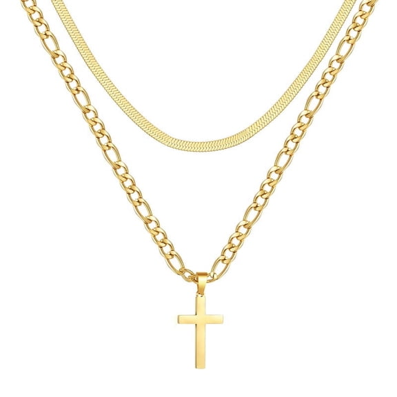 Apsvo Layered Gold Cross Necklace for Men, Stainless Steel Figaro Herringbone Layering Chain Cross Pendent Necklaces Set, Christian Religious Jewelry Gifts