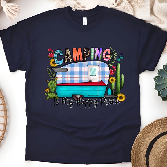 Camping Is My Happy Place T-Shirt – Colorful Vintage Camper Tee, Navy, Size S
