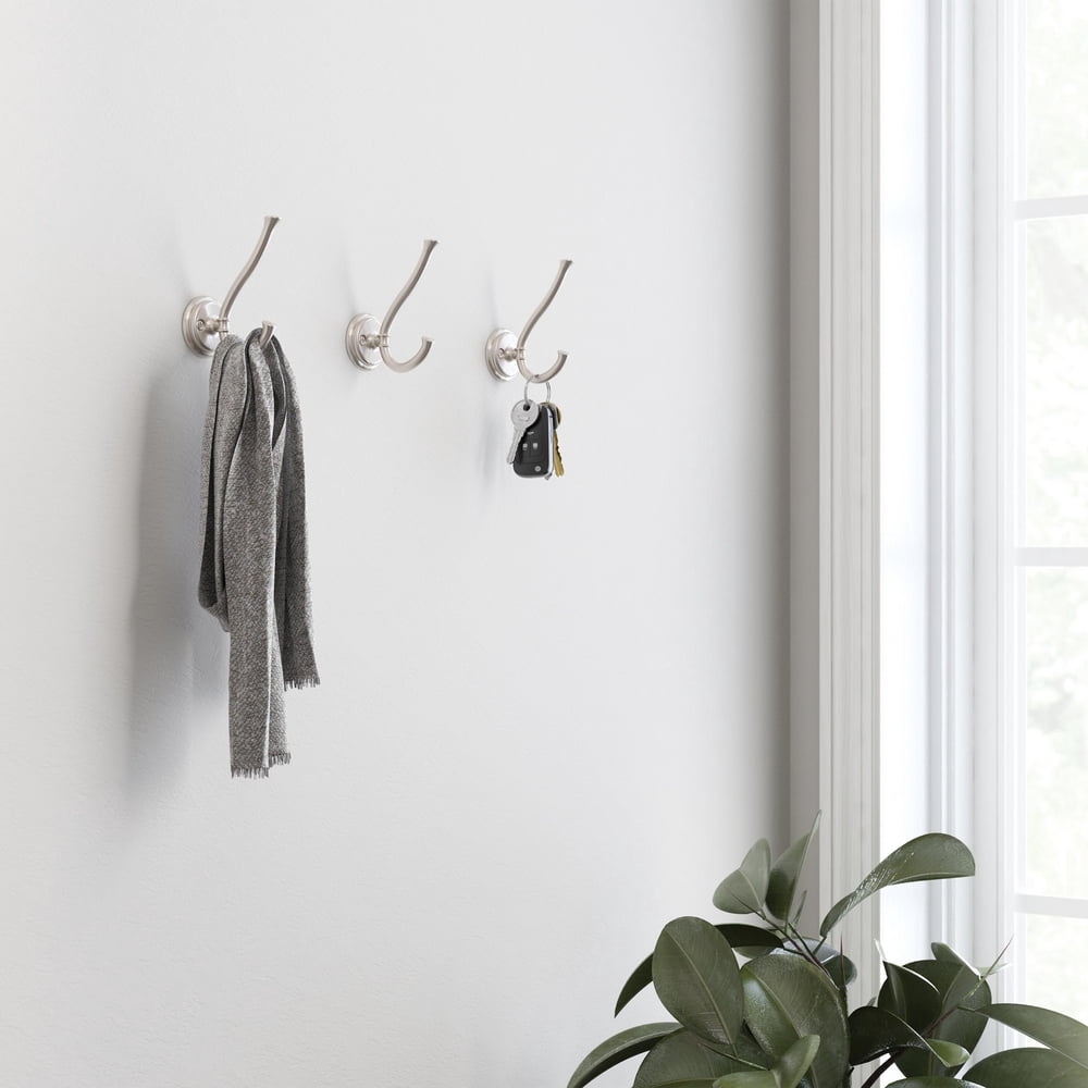 (2 pack) Better Homes & Gardens Satin Nickel Gorham 2 Prong Hook, 1 Hook, 35lb Weight Limit