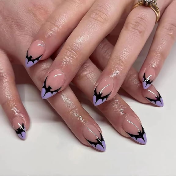 Halloween Press on Nails Short Almond Nightmare Nails Christmas Nails Fake Nails False Nails with Designs Pumpkin Skeleton Glossy Glue on Nails Stick on Nails for Women Girls 24 Pcs Halloween