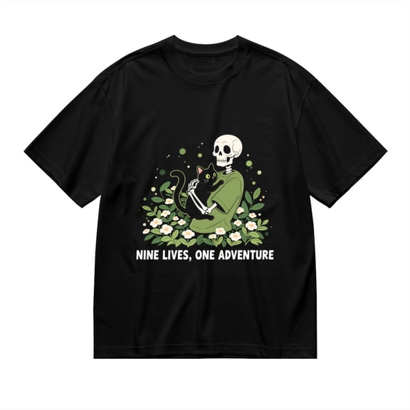 Black T Shirts for Men, Nine Lives One Adventure, Cat Print Mens Graphic Tees, 24013783,S