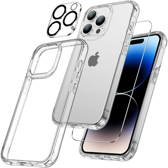 3-IN-1 Bundle Tough Shield Transparent Case   Tempered Glass Screen and Camera Lens Protector for iPhone 14 Pro Max