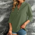 thumbnail image 4 of VSSSJ Shirts for Women Solid Color 3/4 Sleeve Cotton Linen Pullover Tops V Neck Buttons Front Comfy Holiday Office Loose Fit T-Shirt Army Green XL, 4 of 7