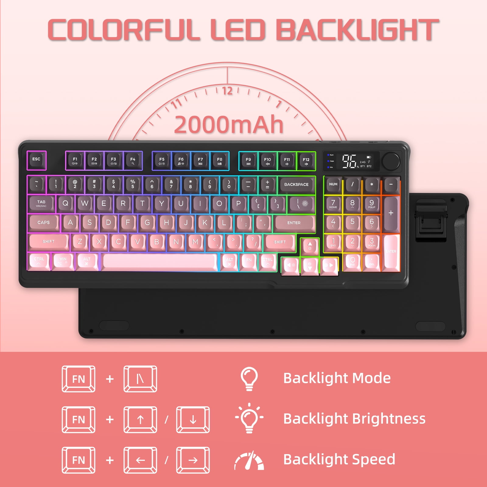FREEWOLF M96 Wireless Gaming Keyboard Creamy Membrane with Rainbow Backlight,Media Knob,LCD Screen,Dual Mode-Bluetooth/2.4Ghz,Ball Shape PBT Keycap 94 Key...