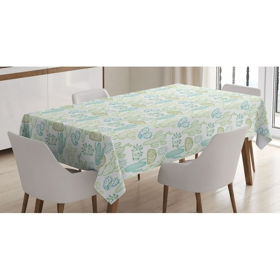 Cactus Tablecloth, Prickle Plants Botanical Hand Drawn Like of Cacti Outline Drawings, Rectangle Satin Table Cover for Dining Room and Kitchen, 52" X 70", Dark Seafoam and Pale Green, by Ambesonne