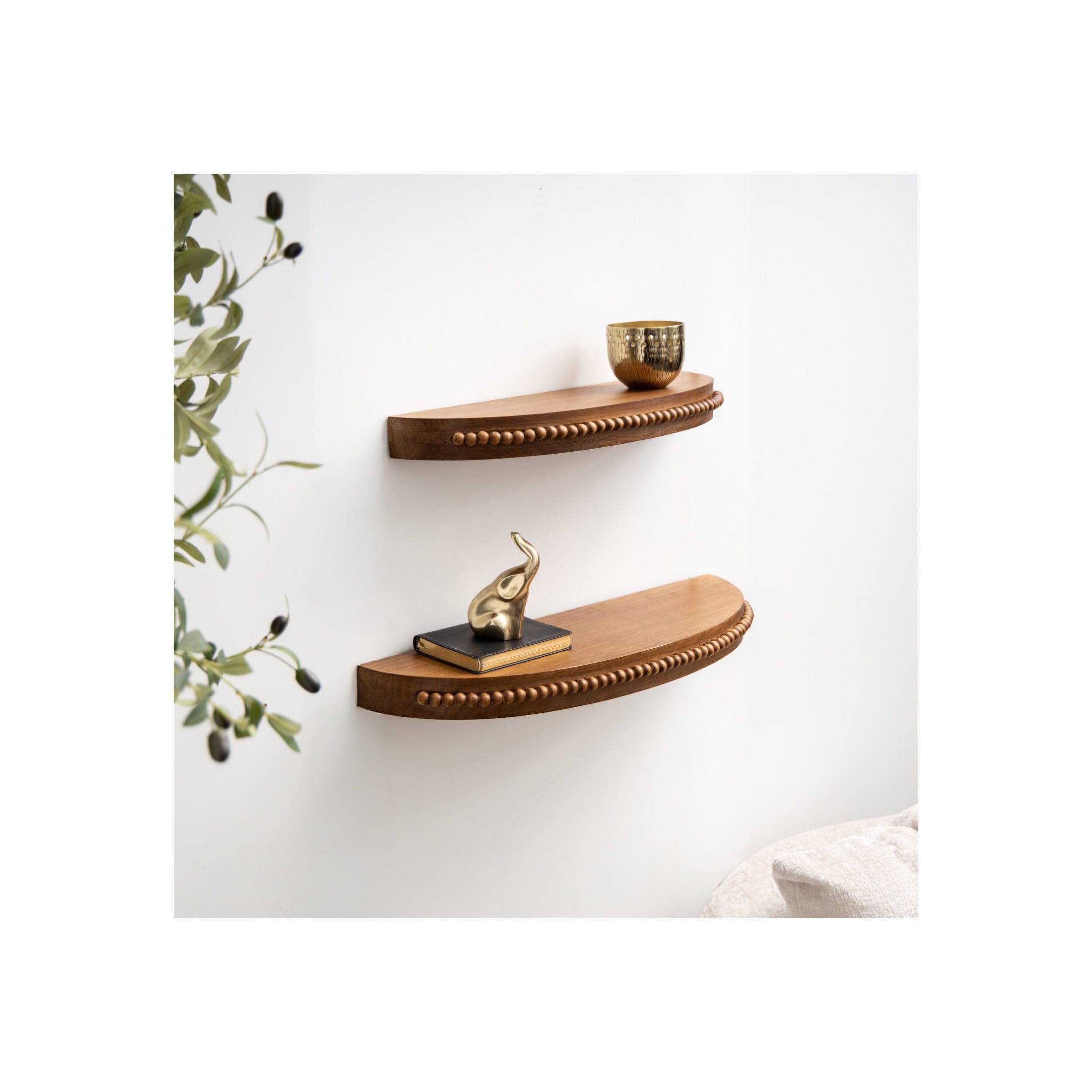 DecMode 24", 20"W Beaded 2-Tier Brown Wall Shelf with Natural Wood Grains (2 Count)