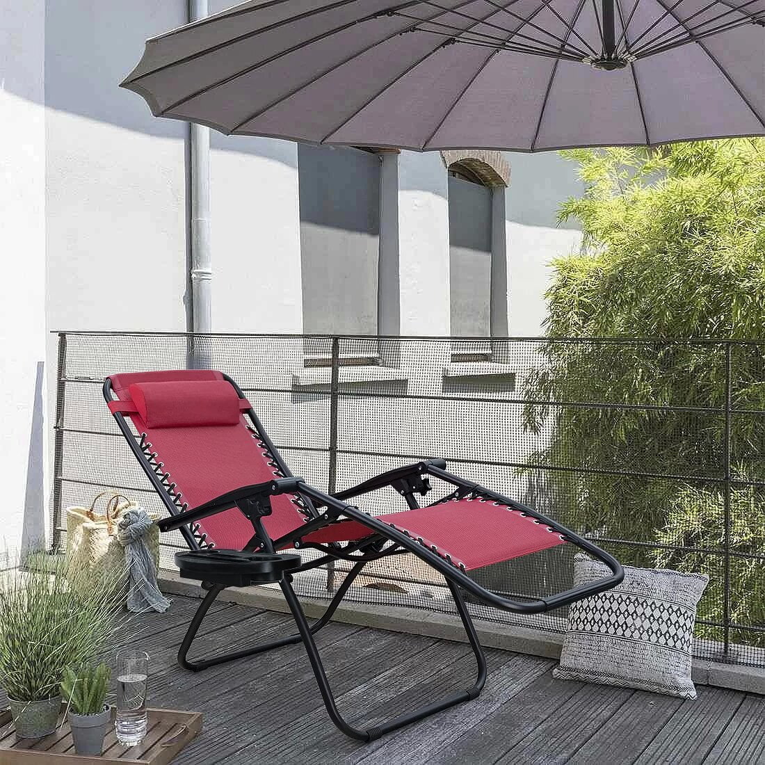 Vineego Zero Gravity Chairs Patio Chairs Lawn Lounge Chair Patio Set of 2 with Pillow and Cup Holder Patio Furniture for Poolside Backyard and Beach Set of 2 (Red)