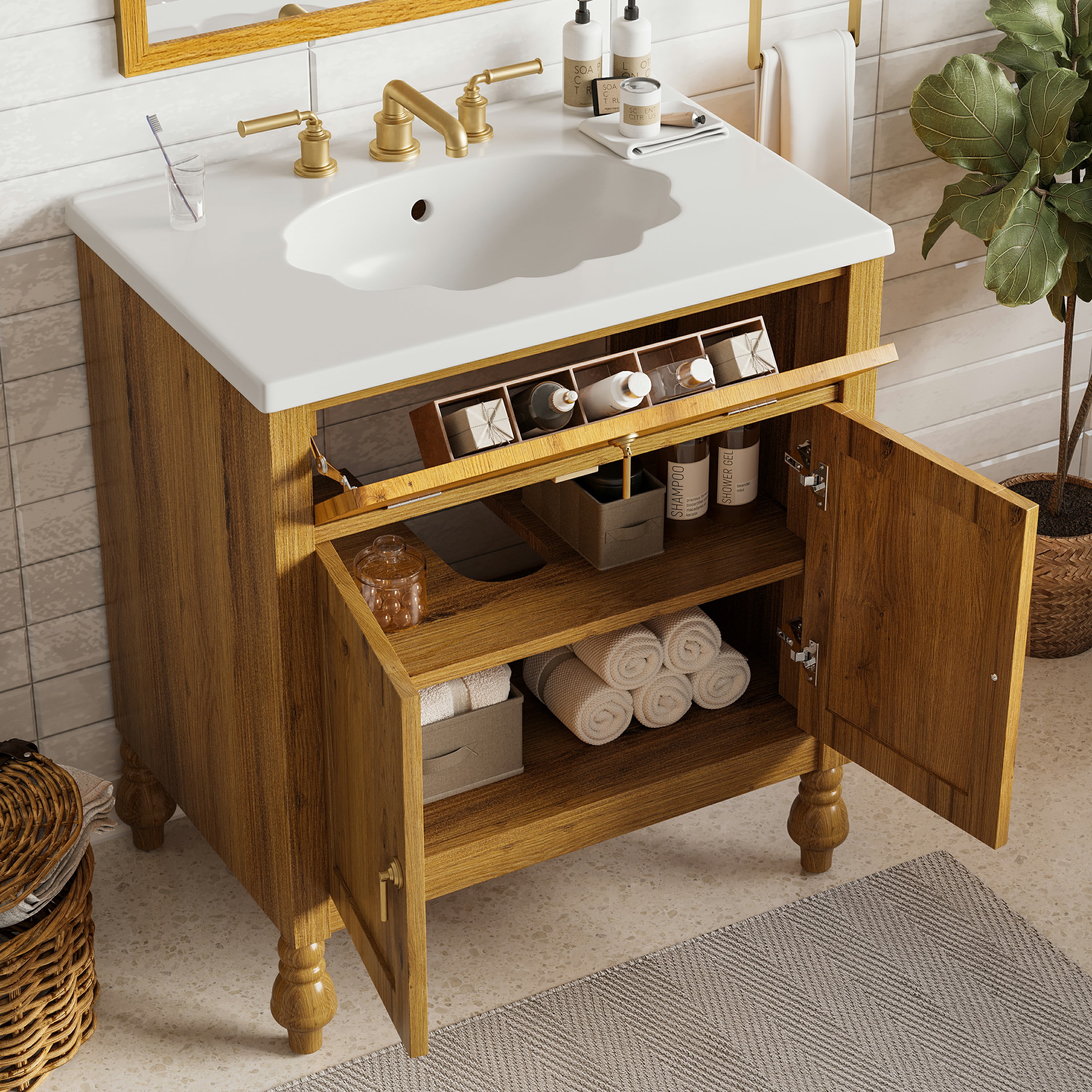 30-Inch Walnut Bathroom Vanity: Seashell Resin Sink, Flip-Up Storage & Soft-Close Doors