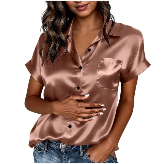 T Shirts for Women Satin Short Sleeve Button Up Shirts with Pockets Casual Solid Color V Neck Lapel Summer Tops Fashion