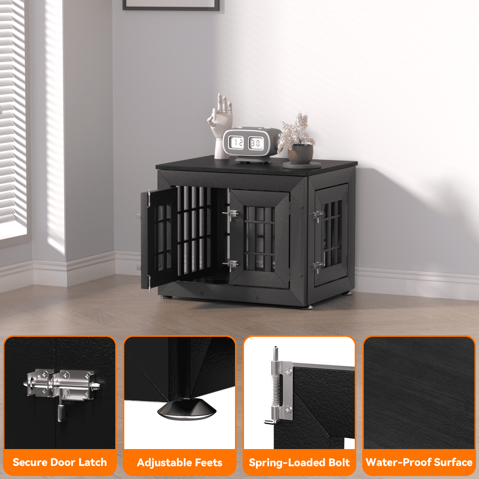Snuowu 26" Heavy Duty Dog Crate Furniture for Small,Medium and Large Dogs,Rustic Wooden Dog Cage Kennel Indoor Furniture with Waterproof Top,Decorative Pet House Side End Table (Black)