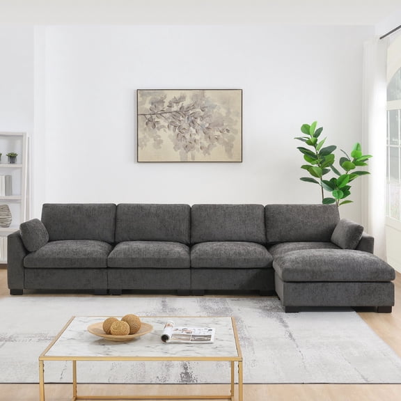 130" Modular Sectional Sofa with Folding Table and Dual-Port Charging Station, L-Shape Comfy Chenille Sofa Couch with Side Storage Pockets and Free Movement Ottoman for Living Room, Dark Grey