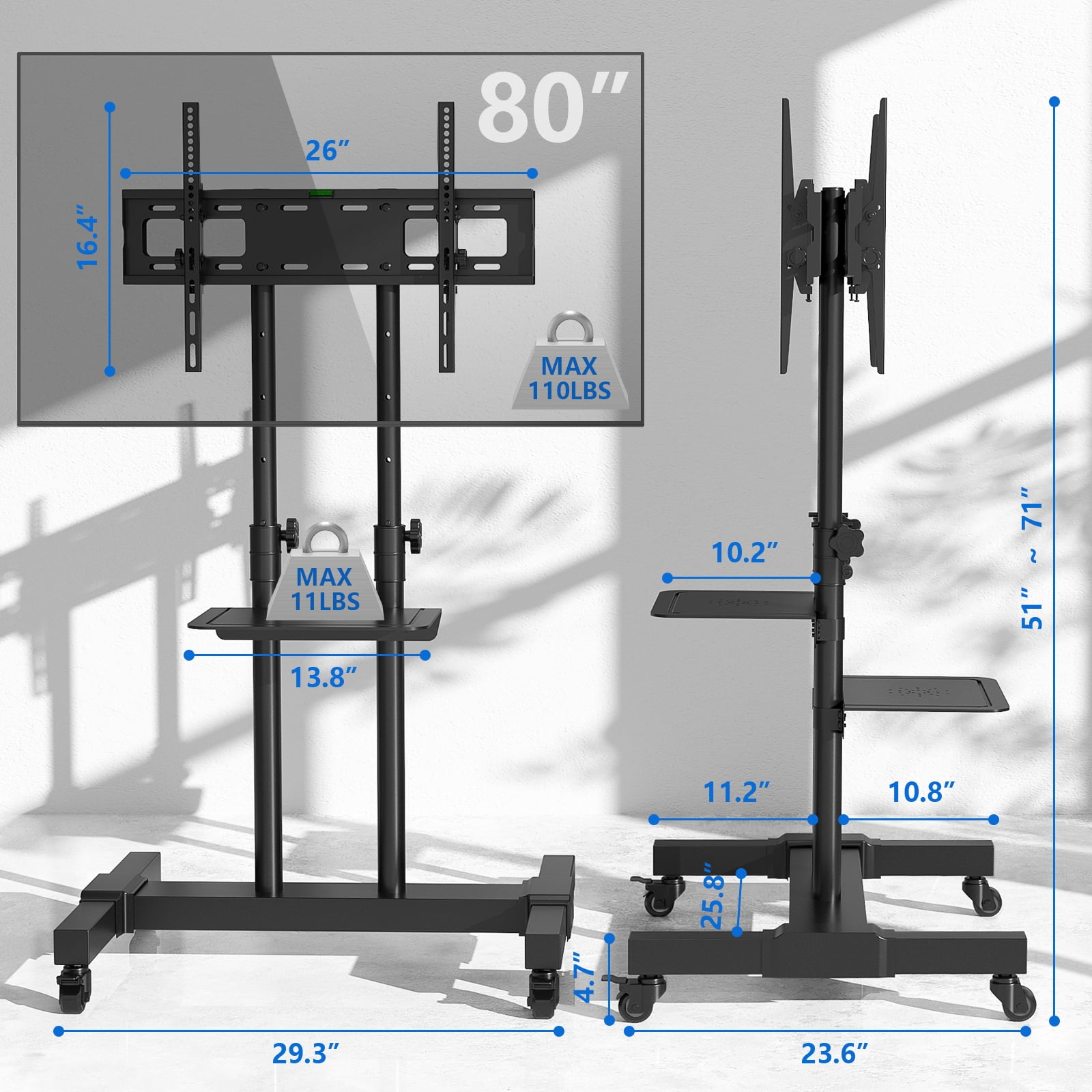 Mobile Rolling TV Stand with Dual Shelves for 32-80 Inch TVs, Height Adjustable TV Cart with ±15° Tilt, Lockable Wheels, VESA Compatible, Holds up to 110 lbs, Black