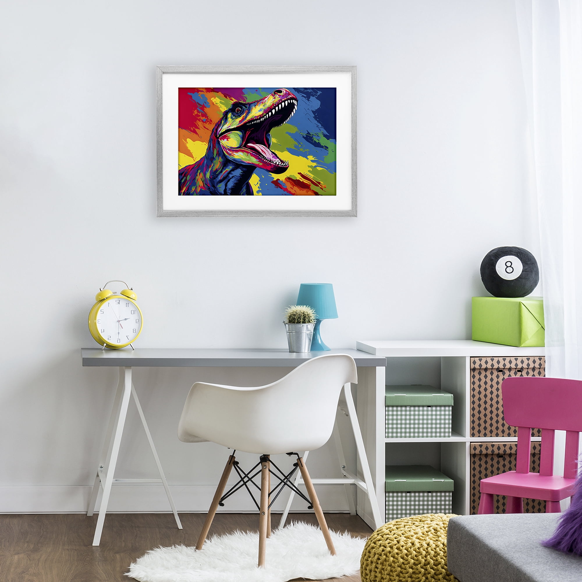 Stupell Industries Brightly Colored Dinosaur Gray Framed Print Under Glass, design by Creative Studio
